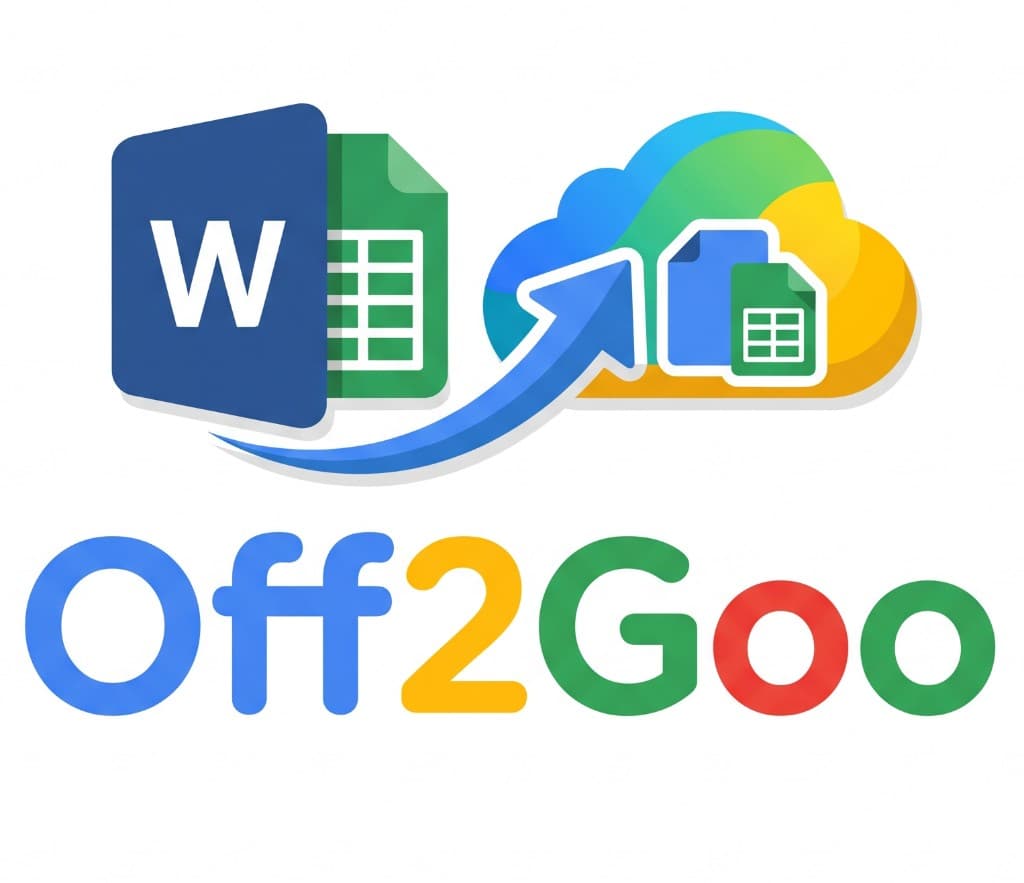 Off2Goo logo showing Word, Excel, and PowerPoint files moving to Google Drive